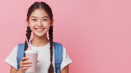 A cheerful young girl, radiating positivity with a wide smile, clutches a refreshing beverage, embodying youthful glee and carefree joy. 