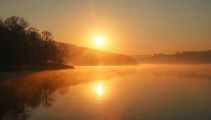 Fototapeta premium Golden hour over tranquil lake. Sun rays reflect water surface. Trees silhouette on horizon. Sunset, sunrise time. Calm, natural scenic view. Nobody. Serene atmosphere, wellness travel, eco tourism.