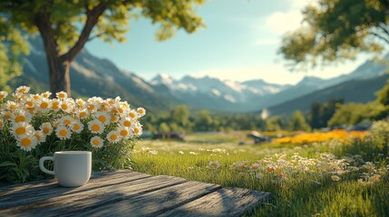 Serene Morning Landscape with Coffee Mug and Blooming Flowers