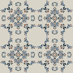 Seamless vintage damask floral tile design in blue and earthy tones, perfect for textile prints and home decor.