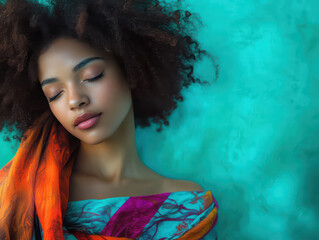 Inner Serenity: A portrait of peaceful self-reflection, featuring a beautiful individual with eyes gently closed. A vibrant scarf adds a touch of color and movement.