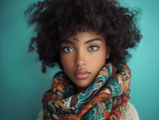 Intense gaze and autumn style: A captivating beauty with a stunning expression. The photograph focuses on her striking features, her fluffy hair and the beautiful colorful scarf.