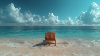 Serene Ocean View with a Wooden Chair on Sandy Beach at Sunrise