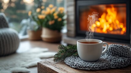 Cozy Scene with Hot Drink by Fireplace and Warm Decor Elements