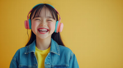 Happy Girl Listening Music: A joyful young girl wearing colorful headphones beams with happiness, her laughter contagious against a vibrant yellow background. 