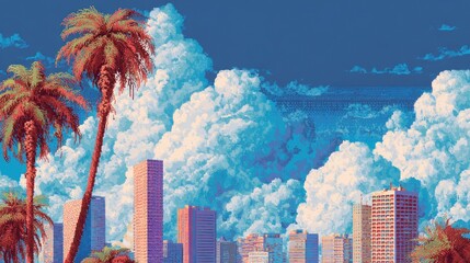 Surreal dreamcore city with melting palm trees and pixelated clouds