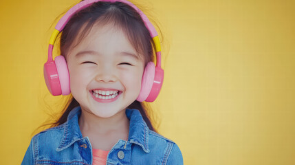 Joyful Tunes: A close-up shot of a young girl adorned in vibrant pink headphones smiles broadly, capturing pure happiness and the joy of music against a sunny yellow backdrop.