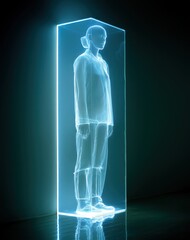 Figura luminescente etérea en recinto rectangular