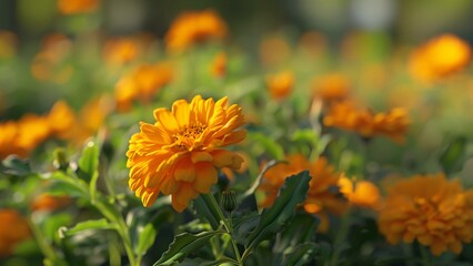 Orange marigold flowers blooming in sunny garden