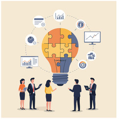 This illustration shows a team of professionals discussing ideas and strategies represented by a lightbulb puzzle, surrounded by data analysis icons on a light-beige background.