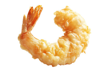 Deep fried shrimp tempura in golden batter, isolated on white transparent background, concept of Japanese cuisine delicacy