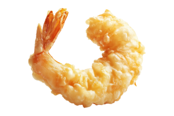 Deep fried shrimp tempura in golden batter, isolated on white transparent background, concept of Japanese cuisine delicacy