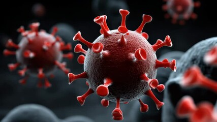 Coronavirus particle close up with red spike protein, detailed 3D rendering showing virus structure in dark background, medical and scientific concept illustrating infection and disease spread