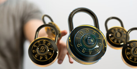 Close-up of multiple combination locks, emphasizing security and safety.