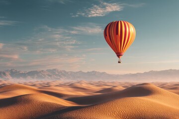 Striped hot air balloon floats above a vast, undulating desert landscape under a blue sky