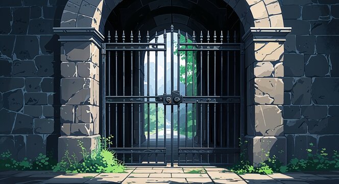 Iron barred gate closed in front of a dark stone hallway anime cartoon illustration design