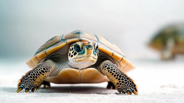 Baby turtle is looking at the camera. The turtle is small and brown