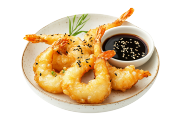 Golden fried shrimp tempura garnished with black sesame seeds, served with soy sauce in a bowl isolated on white transparent background
