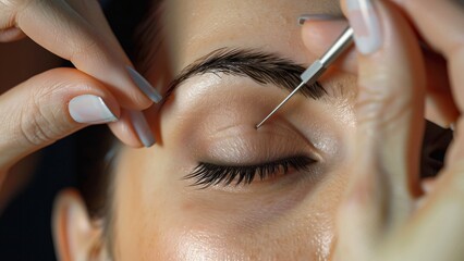 Closeup of woman getting eyebrows shaped with tweezers