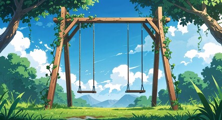Swing set frame standing on grass with vines starting to climb anime cartoon illustration design