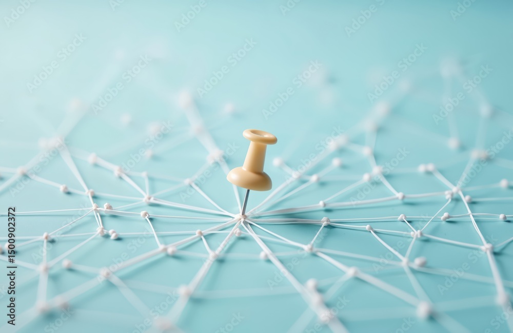 Poster Pin center network connection. White thread lines form web. Abstract concept business strategy, communication, teamwork. Minimalist design on blue background. Represents connection, integration, data