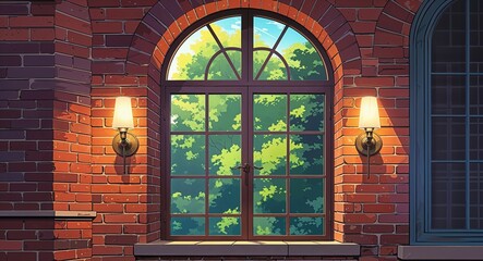 Obraz premium Wall sconce mounted on brick near high arched window anime cartoon illustration design