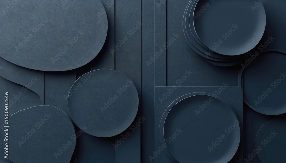 Poster abstract composition geometric shapes, dark blue paper. circles, squares, lines create depth, minima