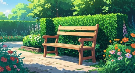 Obraz premium Wooden bench sitting beside green hedges with flower beds nearby anime cartoon illustration design