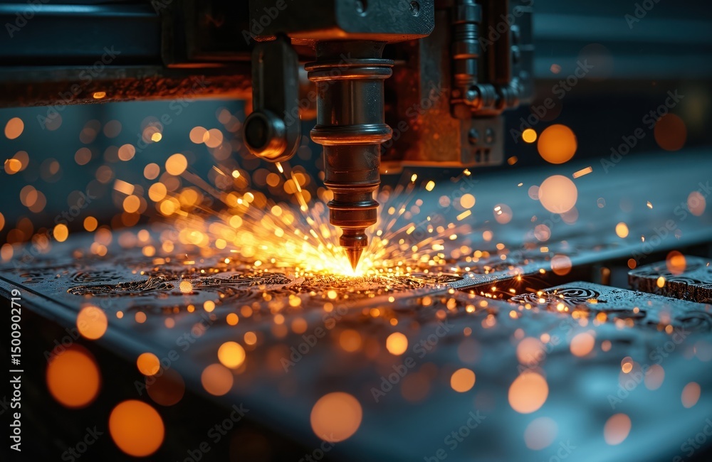 Aufkleber metal cutting machine operates with flying sparks. industrial laser cutter in action, precise metalw