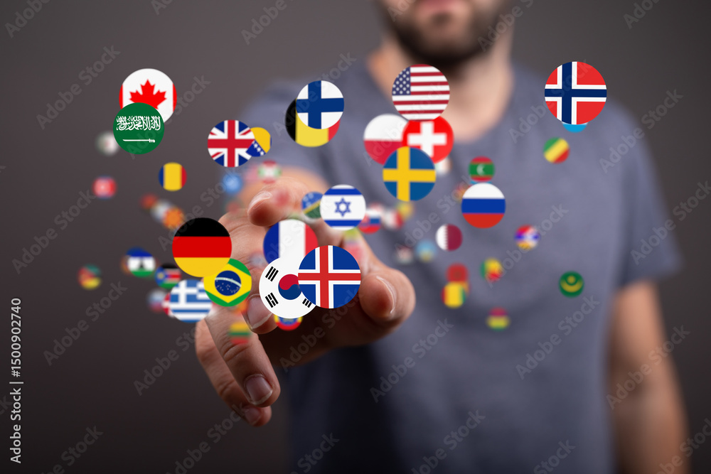 Poster A man interacts with a digital display of flags from countries worldwide, symbolizing global connectivity.