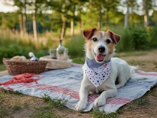 Happy Jack Russell Terrier lying down by picnic basket in sunny park