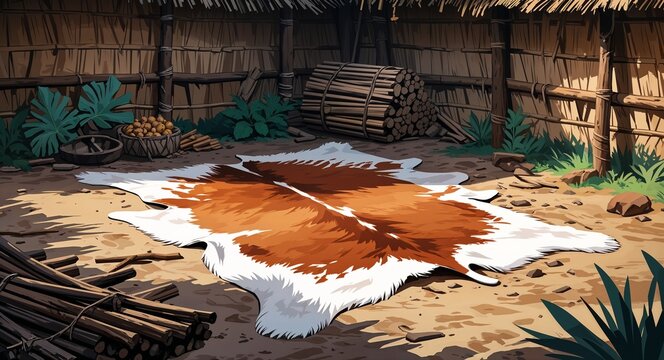 Animal skin rug spread on hut floor beside a bundle of sticks anime cartoon illustration design