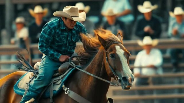 Rodeo horse. The cowboy beautifully saddled and tamed the horse in the arena. Traditional extreme sport.