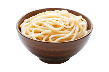 Cooked udon noodles served in brown ceramic bowl, isolated on white transparent background, representing Asian cuisine and traditional food