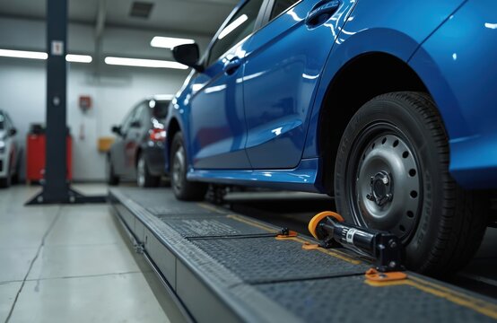 Blue car on lift at auto repair shop. Tire clamp, wheel alignment equipment. Mechanic performs vehicle service. Auto repair, maintenance, wheel balance, suspension check, auto diagnostics.