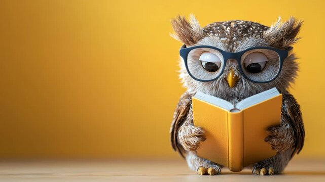 Stuffed owl wearing glasses is sitting on a table with a book in its mouth. The owl appears to be reading the book, and the scene conveys a sense of curiosity and learning