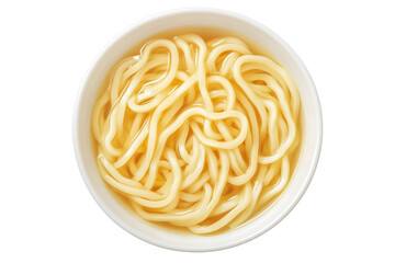 Japanese udon noodles served in light broth, top view and isolated on white transparent background, representing traditional Japanese cuisine