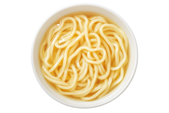 Japanese udon noodles served in light broth, top view and isolated on white transparent background, representing traditional Japanese cuisine
