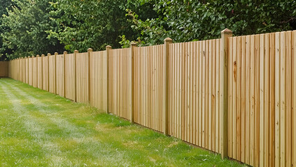 Tall wooden privacy fence on green lawn