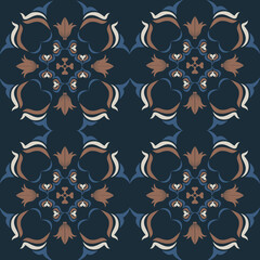 Fototapeta premium Seamless vintage damask floral tile design in blue and earthy tones, perfect for textile prints and home decor.