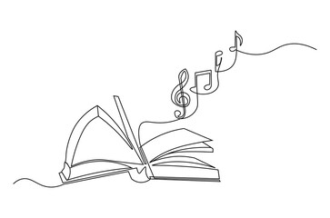 Continuous one line drawing of Musical notes out from opened book. Single line drawing illustration of Book with Musical notes. World Music Day concept vector art. Doodle line illustration.