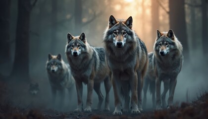 Majestic wolf pack in foggy forest. Mystical wildlife concept with timber wolves. Wolves stand together, strong, free in natural habitat, alpha male looking directly to viewer. Wilderness, nature,