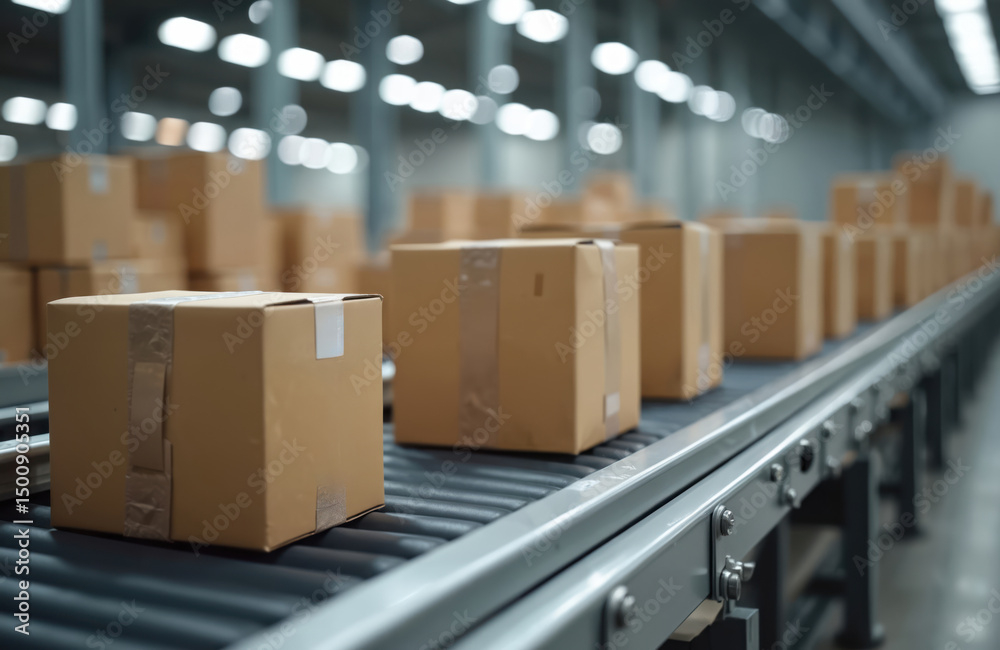Poster cardboard packages move on conveyor belt in warehouse. boxes are taped ready for shipping, distribut