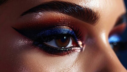 Fototapeta premium Close-up of eye with vibrant blue, copper, and black eye makeup with defined brow