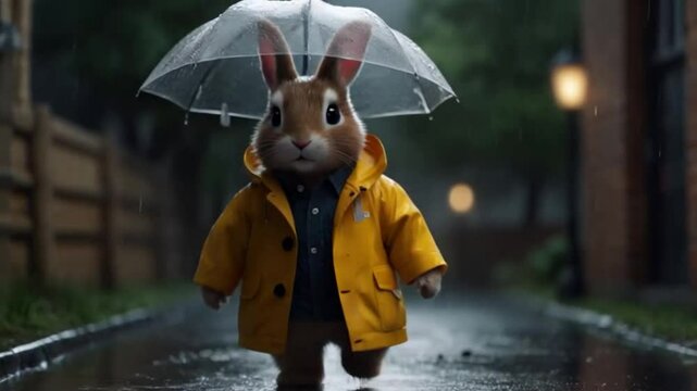  Rabbit standing on a wet cobblestone street, bright yellow raincoat, rainy evening
