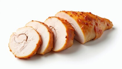 Perfectly cut slices roasted turkey breast with juicy interior and crisp exterior. Food photo features white background. Delicious Thanksgiving Christmas dinner roast meat meal for menu or cookbook.