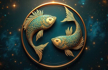 Pisces zodiac sign with intricate gold details on a teal background. Esoteric illustration with fish in space. Astrology calendar, horoscope, fortune telling, spiritual concept.