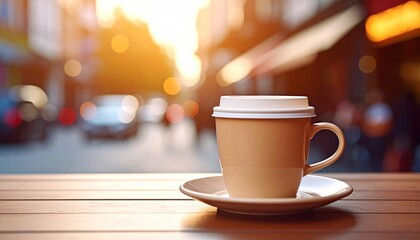 Obraz premium Beige coffee cup, lidded, sits on wooden table, blurred streetscape background in warm sunlight