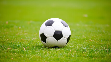 Fototapeta premium A closeup of a traditional soccer ball resting on lush green grass, isolated with a blurred background, suitable for sports or recreation themes.