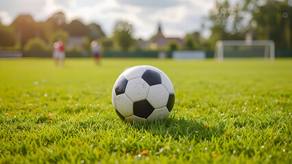 Fototapeta premium Classic black and white soccer ball sits on green grass with an out-of-focus goal and players in the background, under bright sunlight.